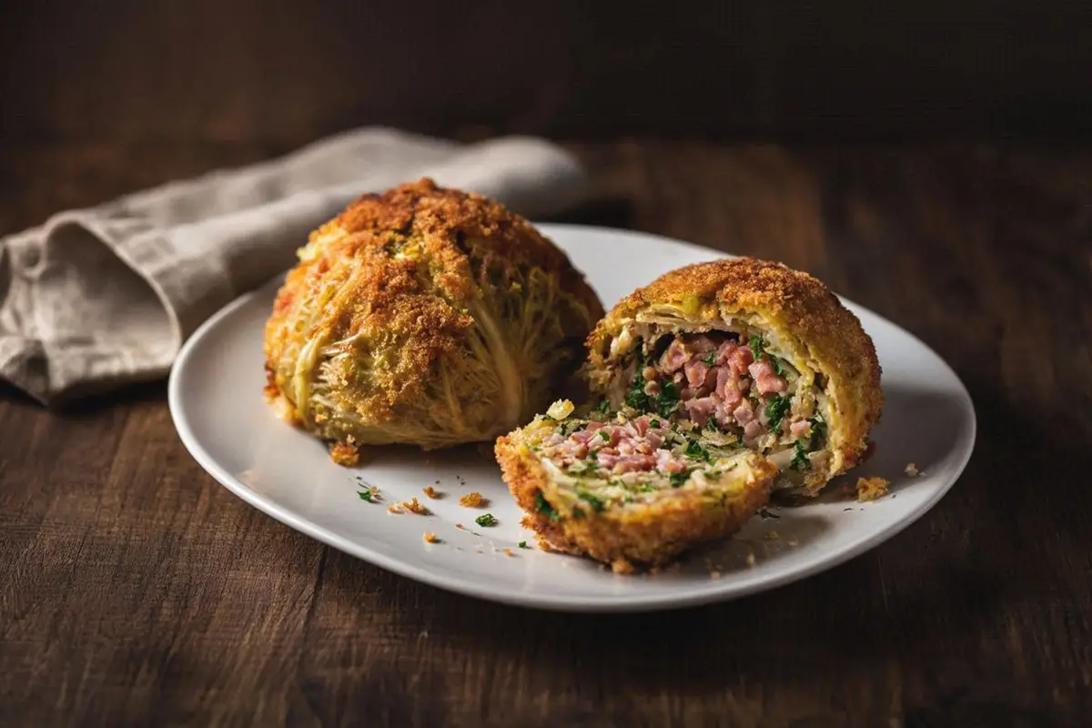 Golden breaded stuffed savoy cabbage heads on a white plate, sliced open to reveal the ham and herb filling