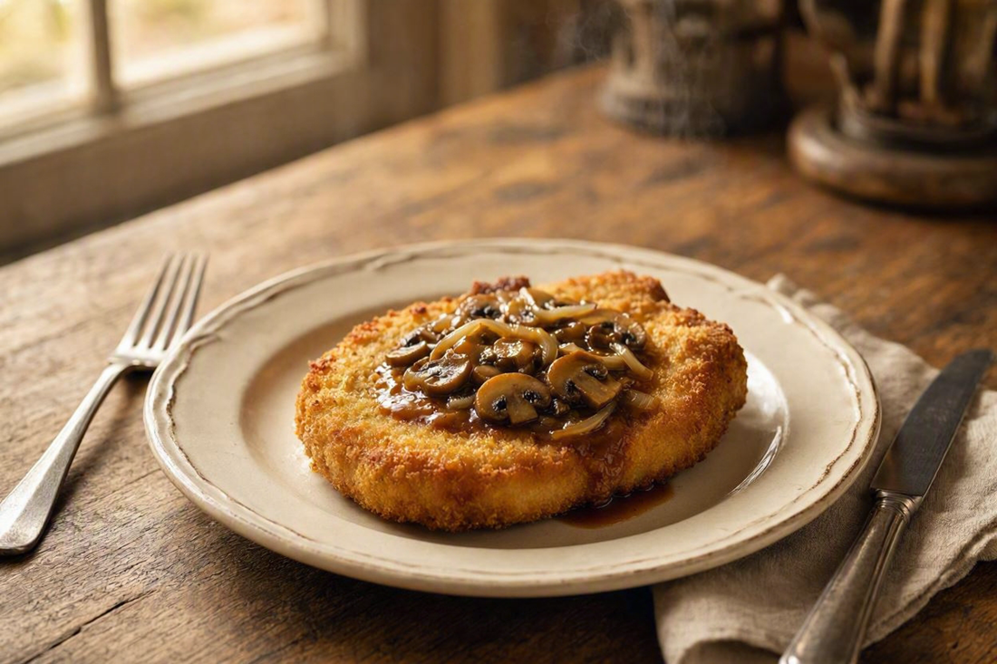 Breaded pork chops topped with mushroom sauce on a plate