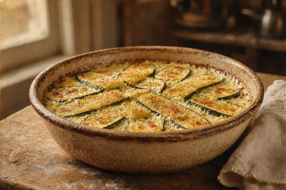 Layered breaded zucchini slices in a baking dish, topped with a golden sour cream custard