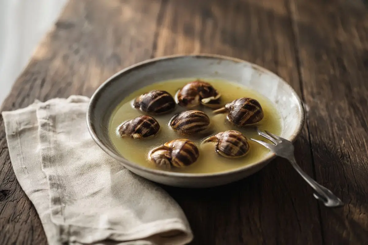 A ceramic bowl of pale golden snail broth with several snails in their shells, on a dark oak table with a linen napkin.