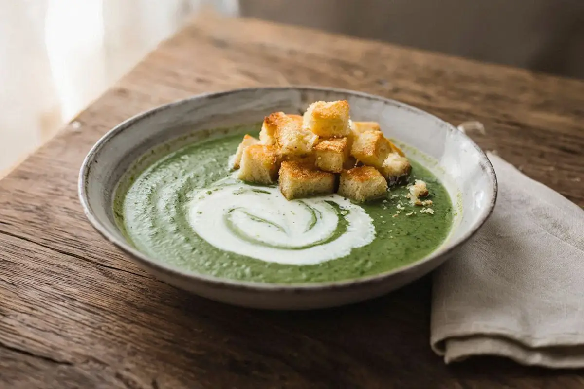 A wide ceramic bowl of pale green spinach soup with a swirl of sour milk and butter-fried bread cubes on a dark oak table.