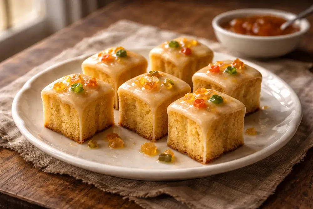 Small golden sponge cubes topped with candied fruit and a glossy lemon-rum glaze on a white ceramic plate, natural window light