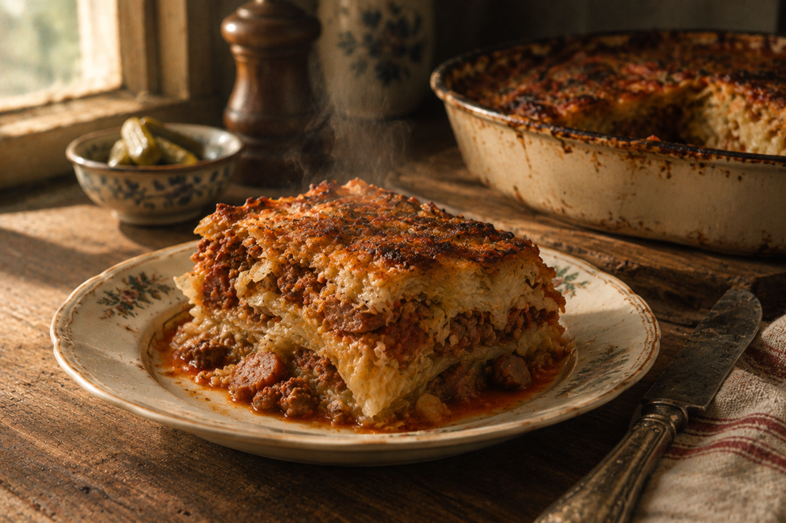 Sliced cabbage and sausage moussaka on a plate