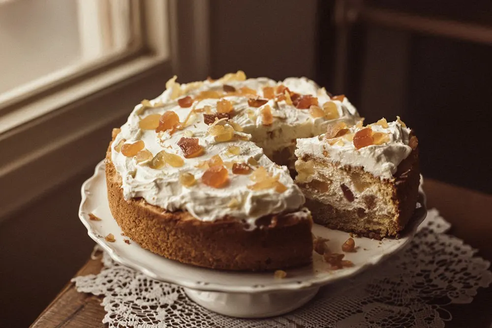 A sponge cake with its top sliced off, filled with pale custard cream studded with candied fruit and raisins, topped with whipped cream
