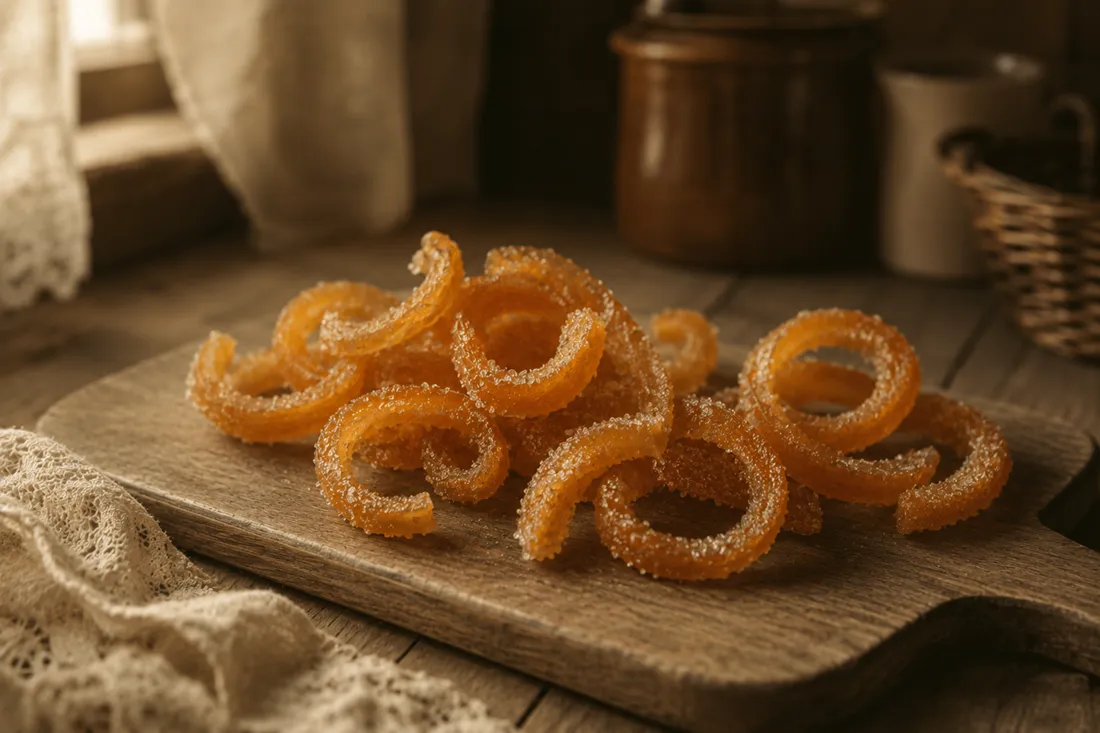 Translucent candied orange peel rounds coated in sugar, cooling on a wire rack