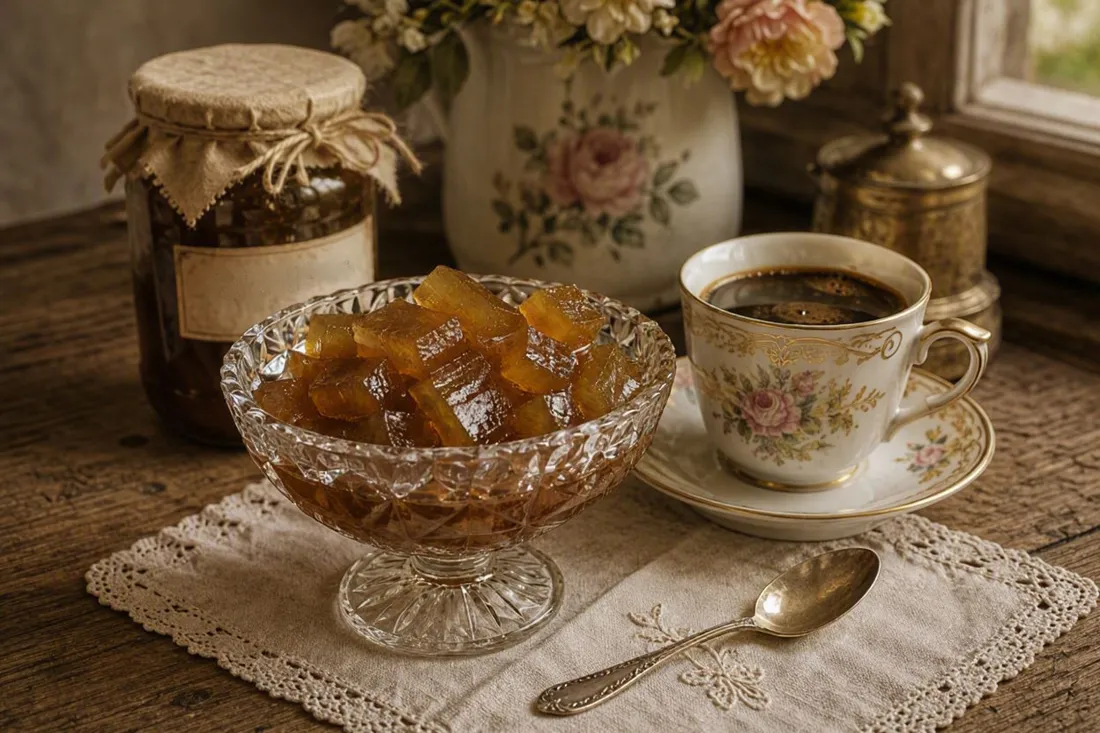 Glossy candied watermelon rind preserve in a glass jar, syrup catching warm window light