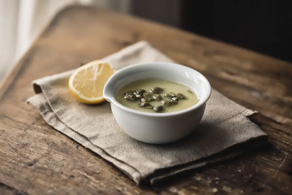 A small white sauceboat of pale caper sauce with visible caper pieces, lemon wedge alongside on a linen cloth