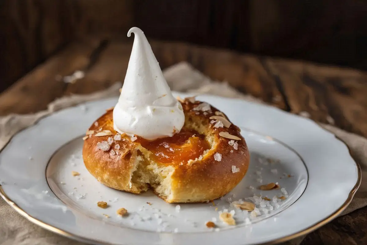 Golden yeast buns topped with a high meringue peak, apricot jam, and chopped almonds.
