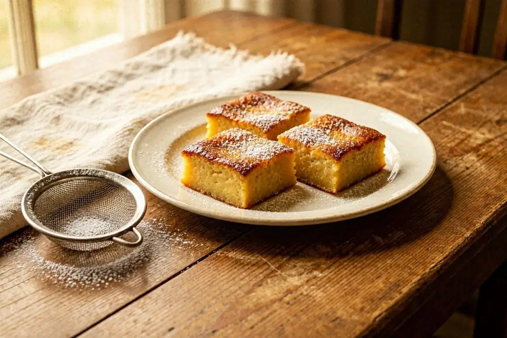 Golden squares of carrot pudding cake dusted with vanilla powdered sugar on a white ceramic plate, warm window light
