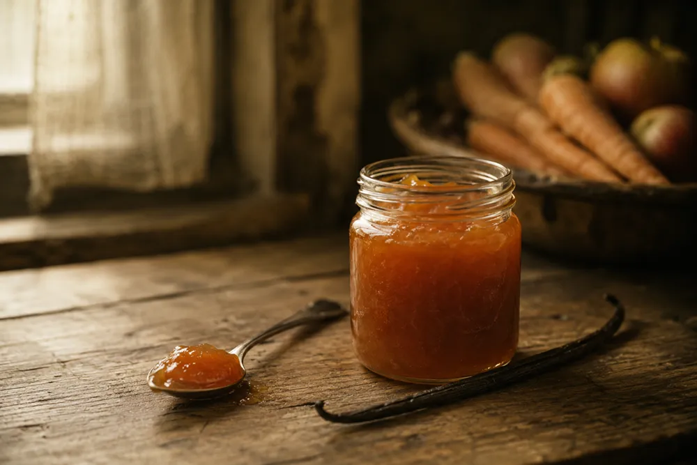 A jar of smooth amber carrot and apple jam with a vanilla pod resting beside it