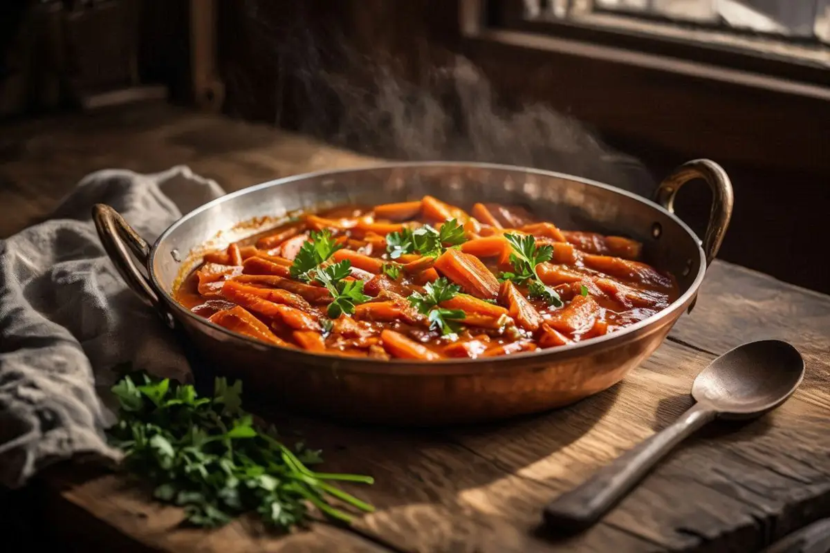 A deep pan of glossy carrot strips in thick tomato sauce, garnished with fresh parsley