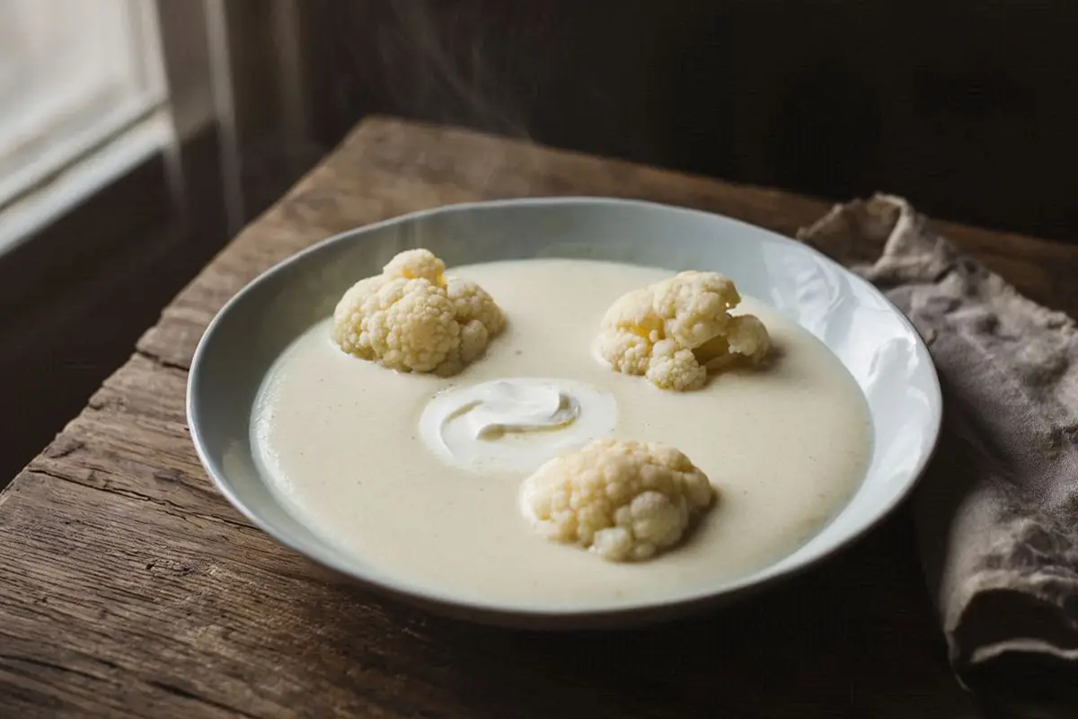 A wide ceramic bowl of pale ivory cauliflower cream soup with whole florets floating on the surface, served with a swirl of sour cream on a dark oak table.