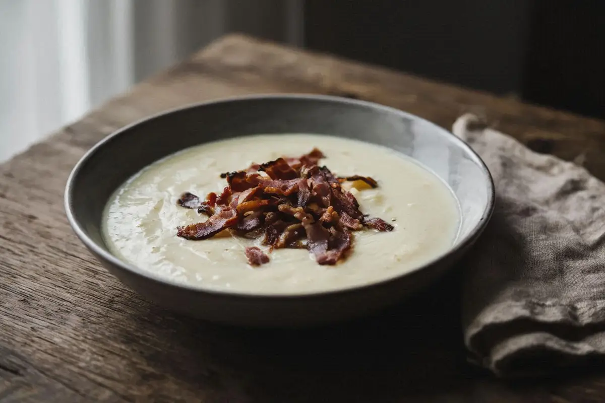 A deep bowl of pale ivory celeriac soup topped with shards of crispy smoked bacon on a dark oak table with a vintage linen napkin.