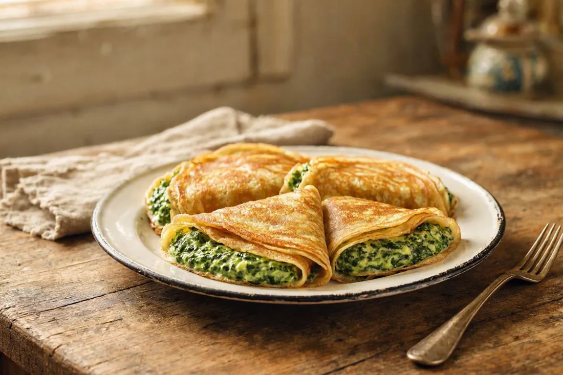 Cheese crêpes filled with creamed spinach, folded on a plate