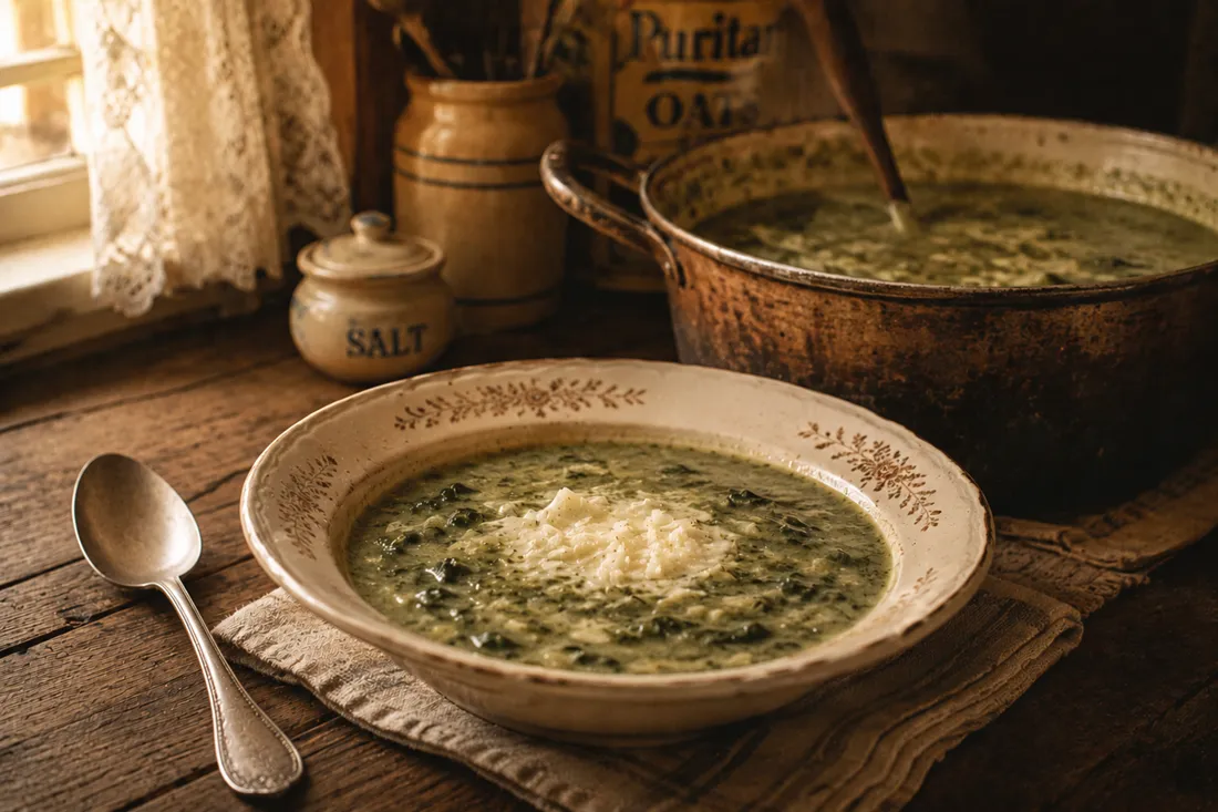 A pot of hearty cheese and spinach soup with visible strands of wilted spinach