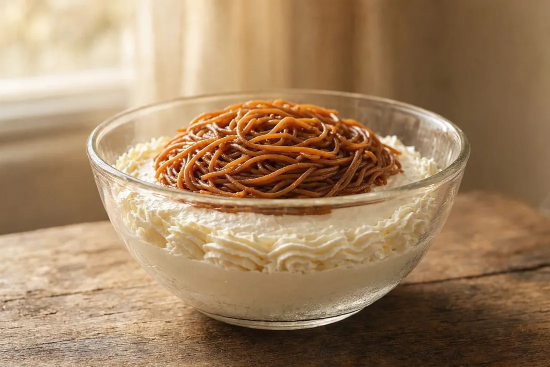 Chestnut purée mounded over whipped cream in a glass bowl, piped with a border of cream