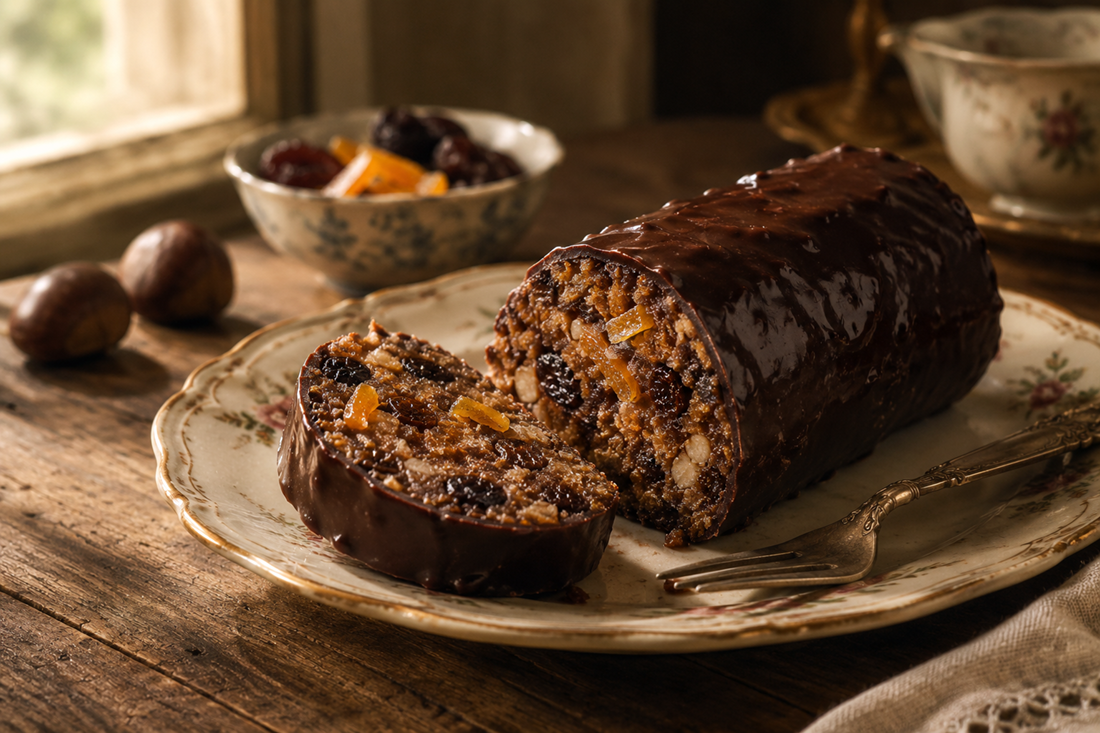 Sliced chestnut roll coated in dark chocolate glaze on a plate