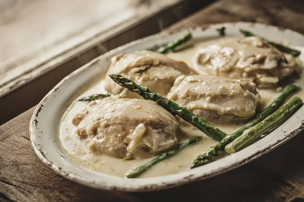 Poached chicken pieces in a cream asparagus sauce garnished with asparagus tips on a vintage serving platter