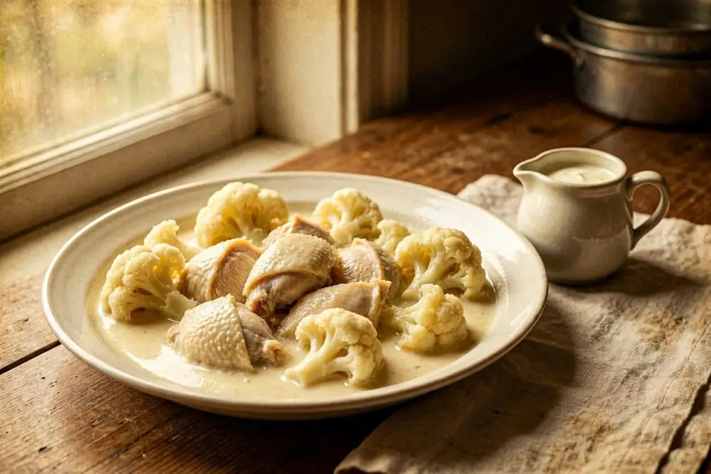 A shallow ceramic bowl with quartered chicken pieces surrounded by cauliflower florets in a pale cream sauce, natural window light