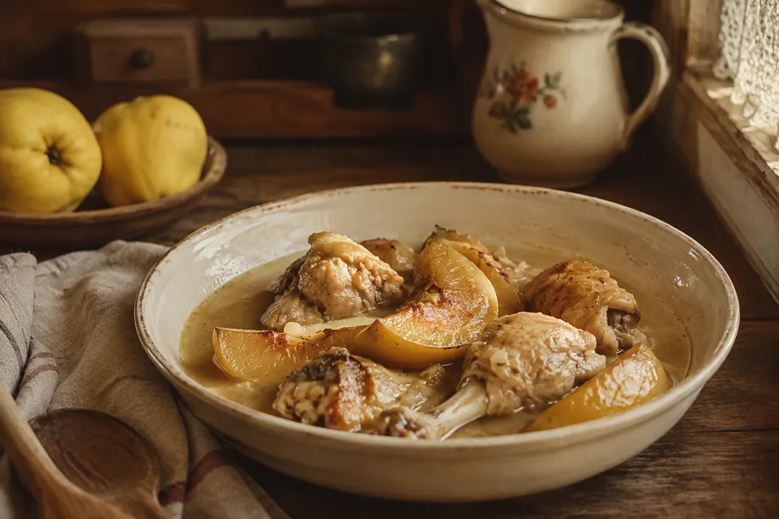 Chicken stew with quince wedges in a light broth, served in a bowl