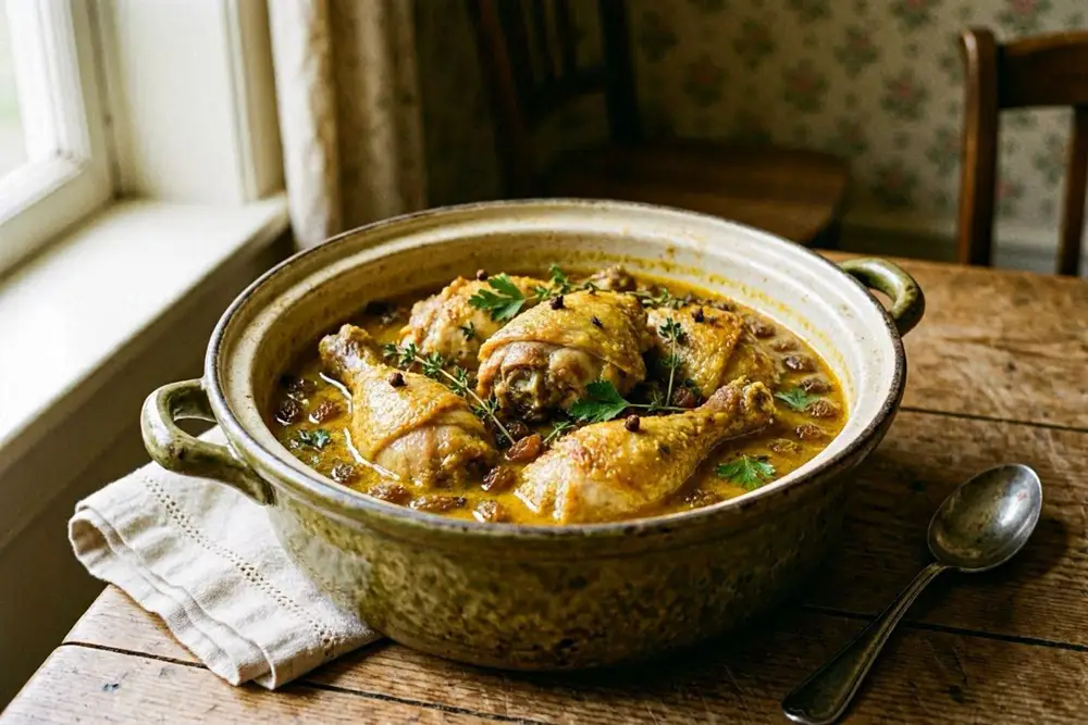 Deep bowl of golden-sauced braised chicken pieces with visible saffron colour, raisins and herbs, rustic setting
