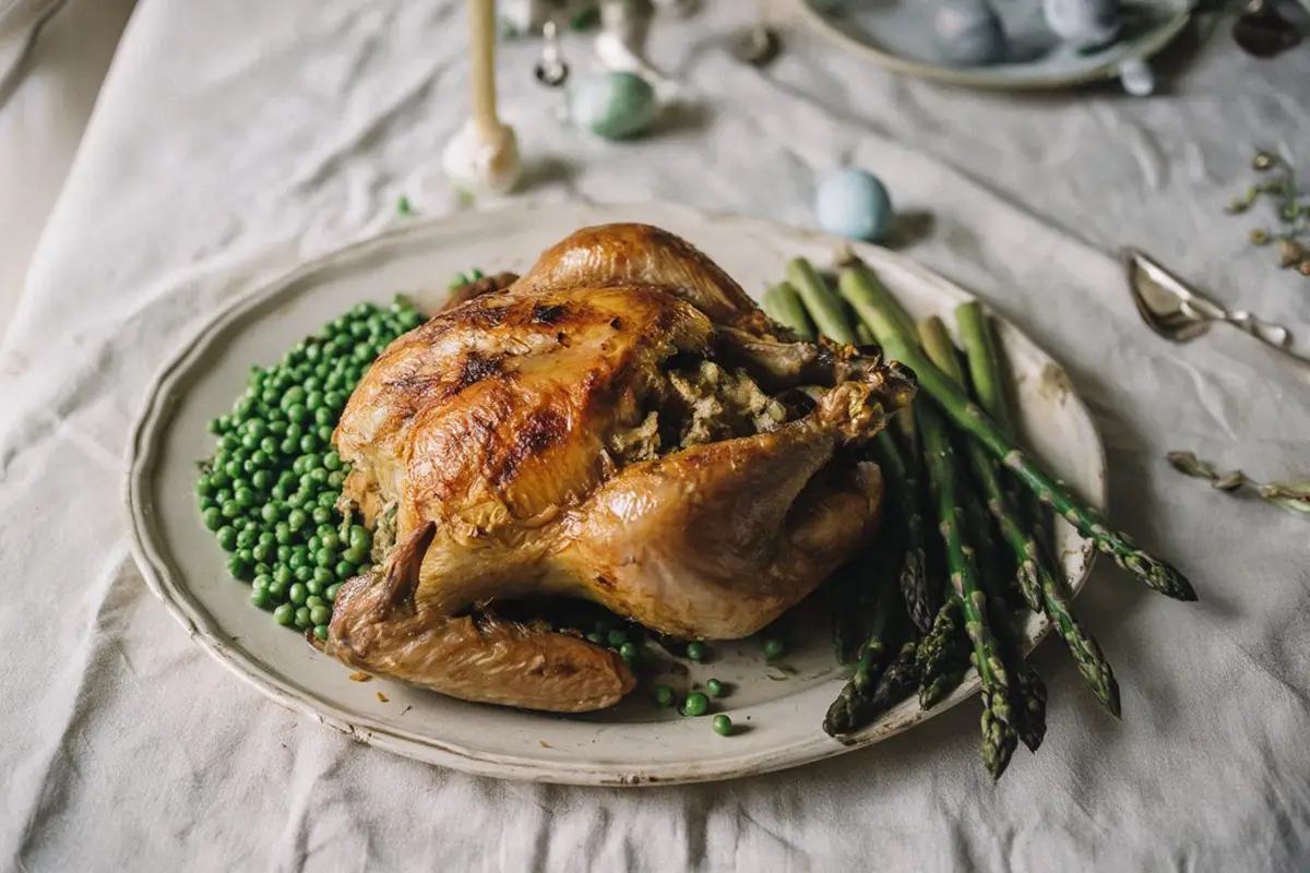 Golden roasted stuffed chicken on a serving platter with peas and asparagus garnish