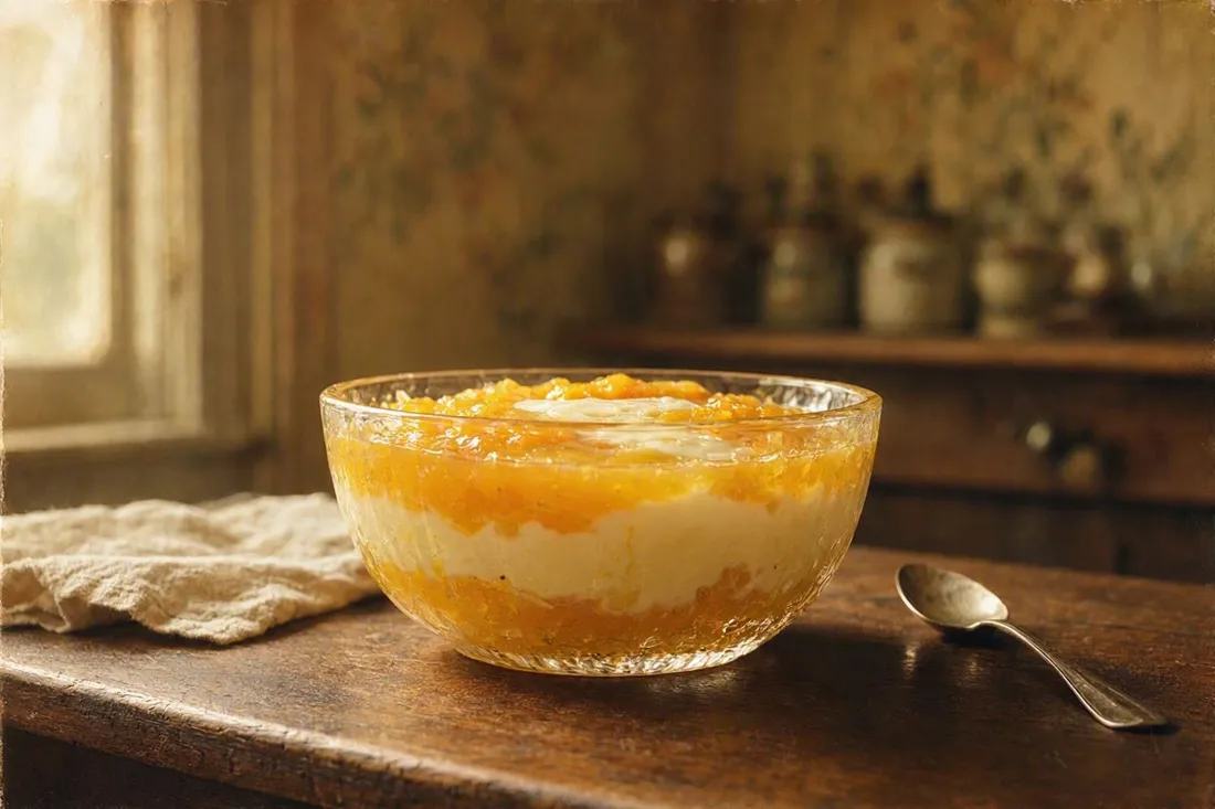 Layered glass bowl of apricot compote and pale fruit cream, chilled and set