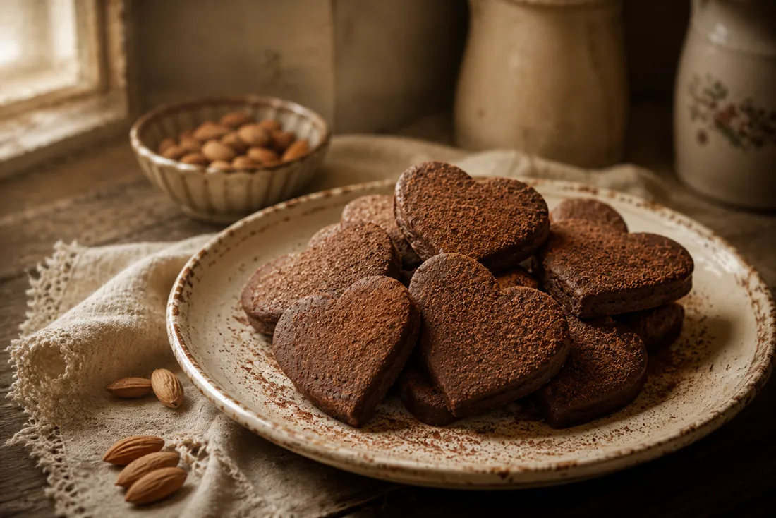 Heart-shaped chocolate almond cookies arranged on a plate