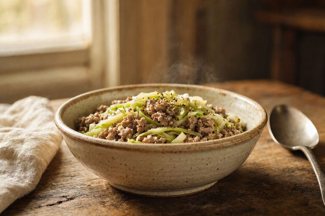 Skillet of browned chopped pork and leeks in a bowl