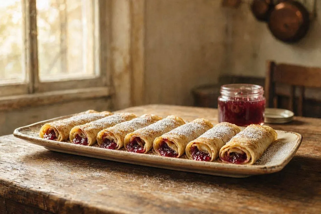 Thin rolled crepes filled with jam, dusted with vanilla sugar, arranged on a long serving platter