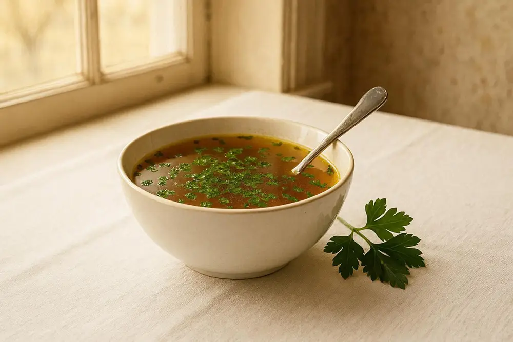A white teacup of clear amber beef broth on a white linen tablecloth, with a small sprig of parsley alongside