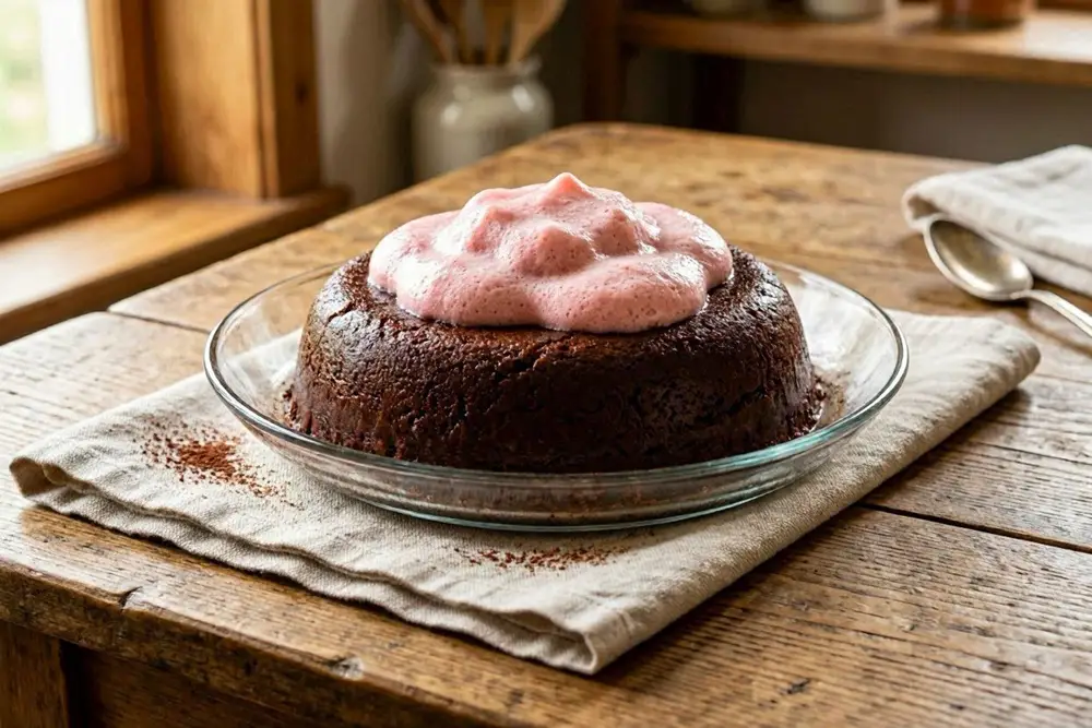 A dark chocolate steamed pudding turned out onto a round glass dish, crowned with pale pink strawberry foam, set on a folded linen cloth on a worn wooden table in a warm kitchen