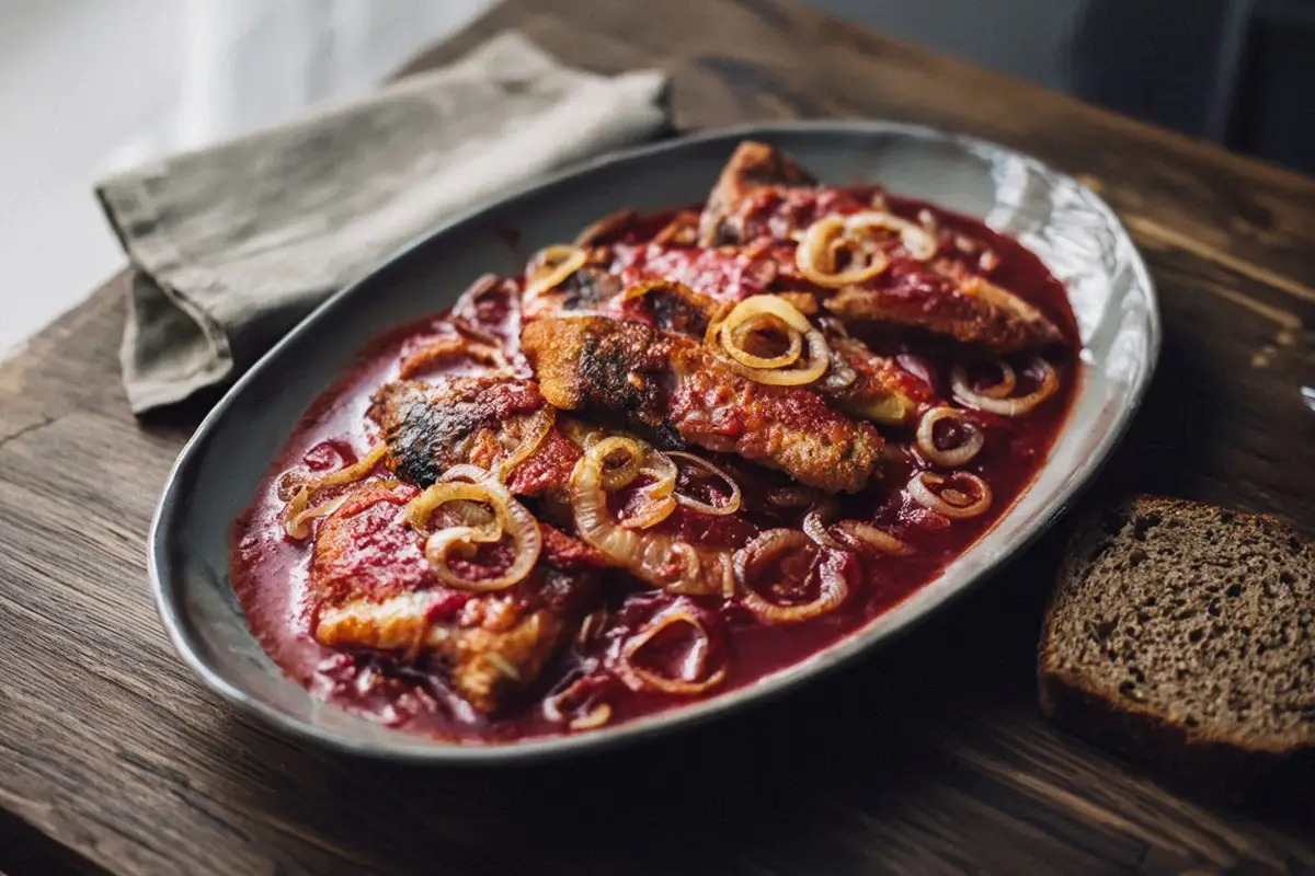 Fried fish pieces arranged on a long oval platter, covered in a deep crimson beetroot and tomato sauce with caramelized onions.