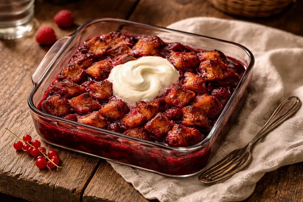 A glass dish of cold summer pudding soaked in deep crimson berry juice, topped with a spoonful of whipped cream, on a white linen cloth