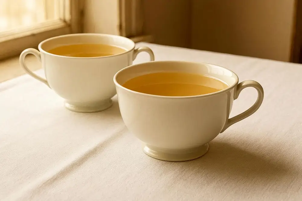 A white porcelain teacup of pale golden consommé double on a white linen tablecloth, no garnish