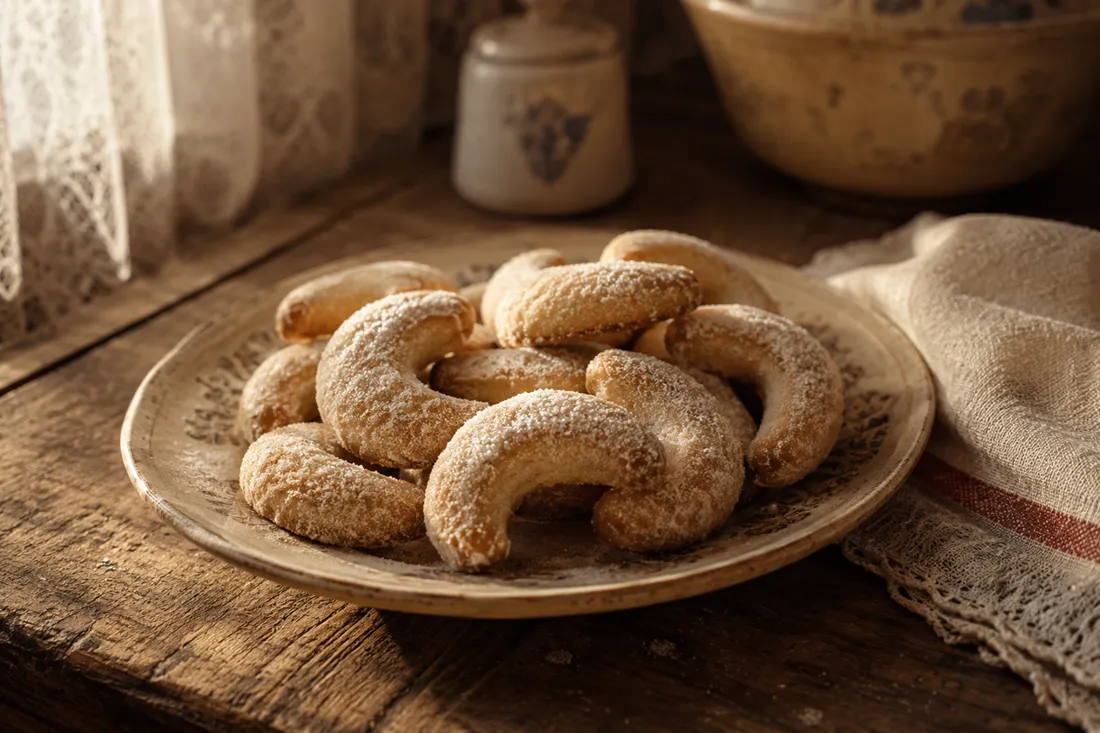 Golden crescent-shaped cookies coated in vanilla sugar on a rustic plate