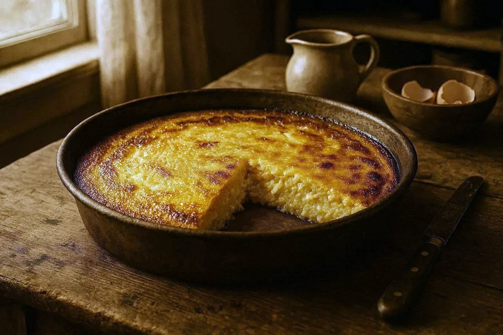 A golden-topped baked cornmeal custard in a rustic pan, sliced to show a soft, cheese-flecked interior