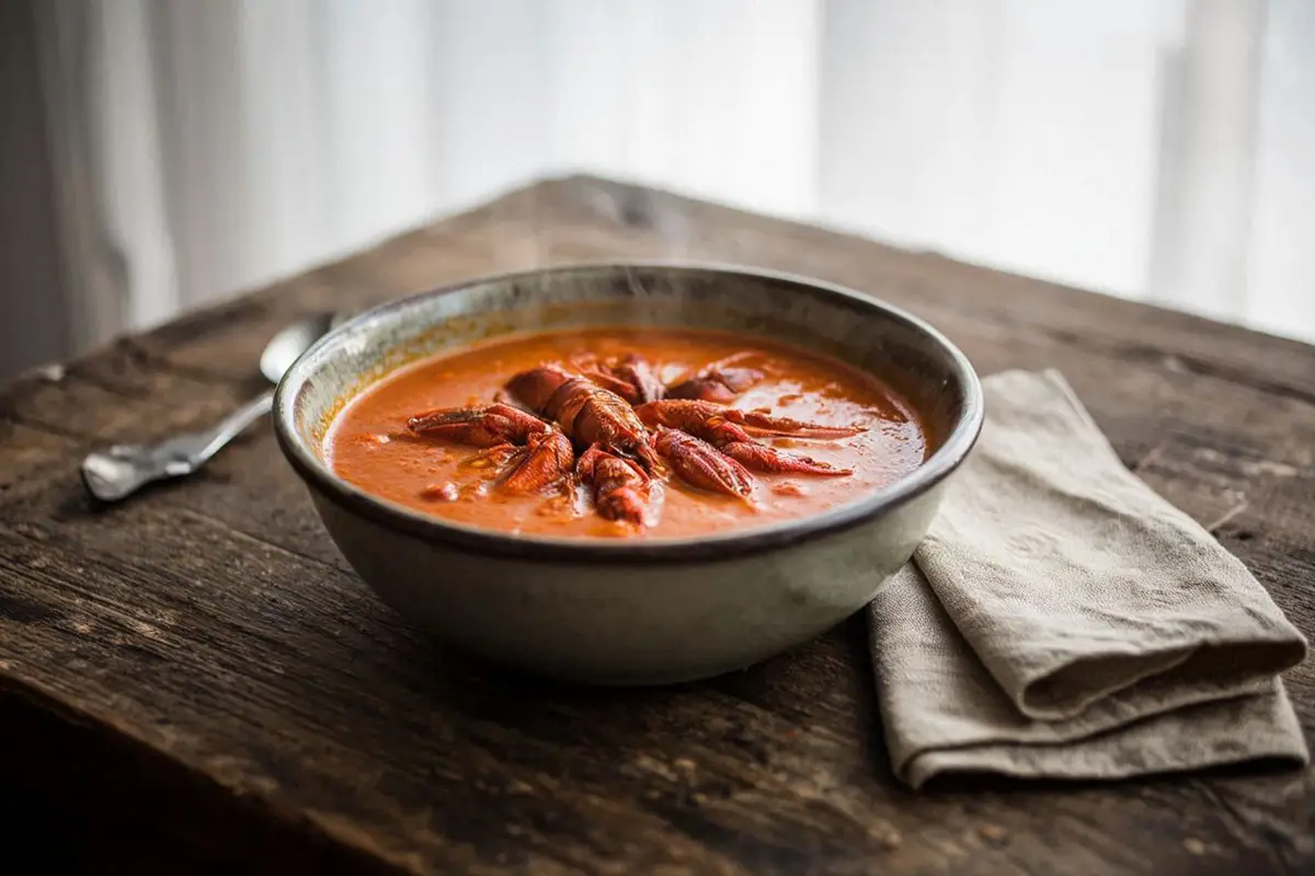 A deep ceramic bowl of rich red-orange crayfish bisque with whole crayfish tails as garnish, on a dark oak table.