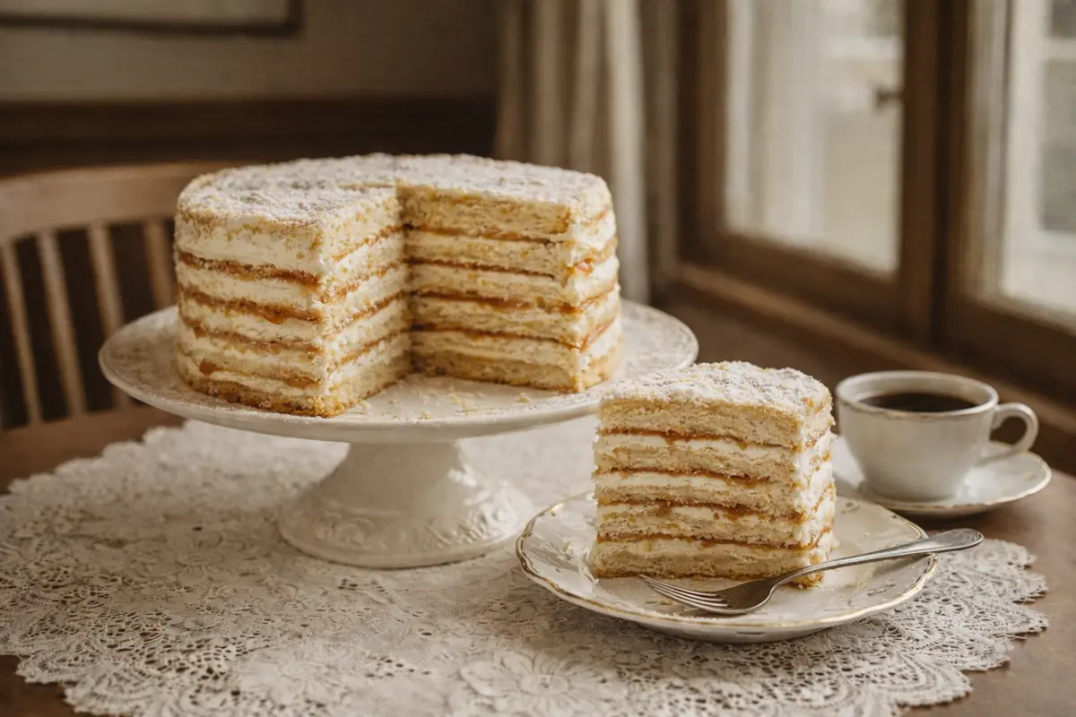 Elegant layered almond cream cake with apricot marmalade on vintage porcelain stand