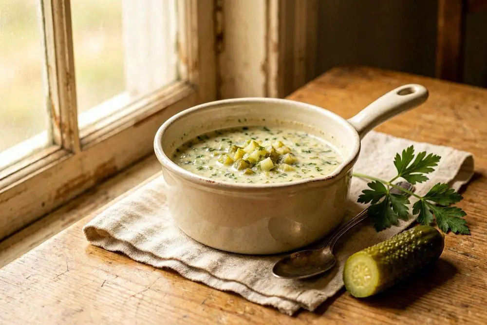 A small saucepan of warm cucumber sauce with chopped pickles and fresh herbs