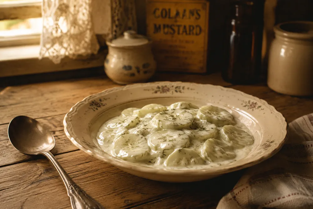 Cucumber rounds in a pale creamy sauce in a serving bowl