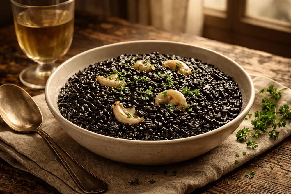 A deep pan of dark cuttlefish risotto with a glossy finish, garnished with parsley, shot from above on a rustic wooden surface