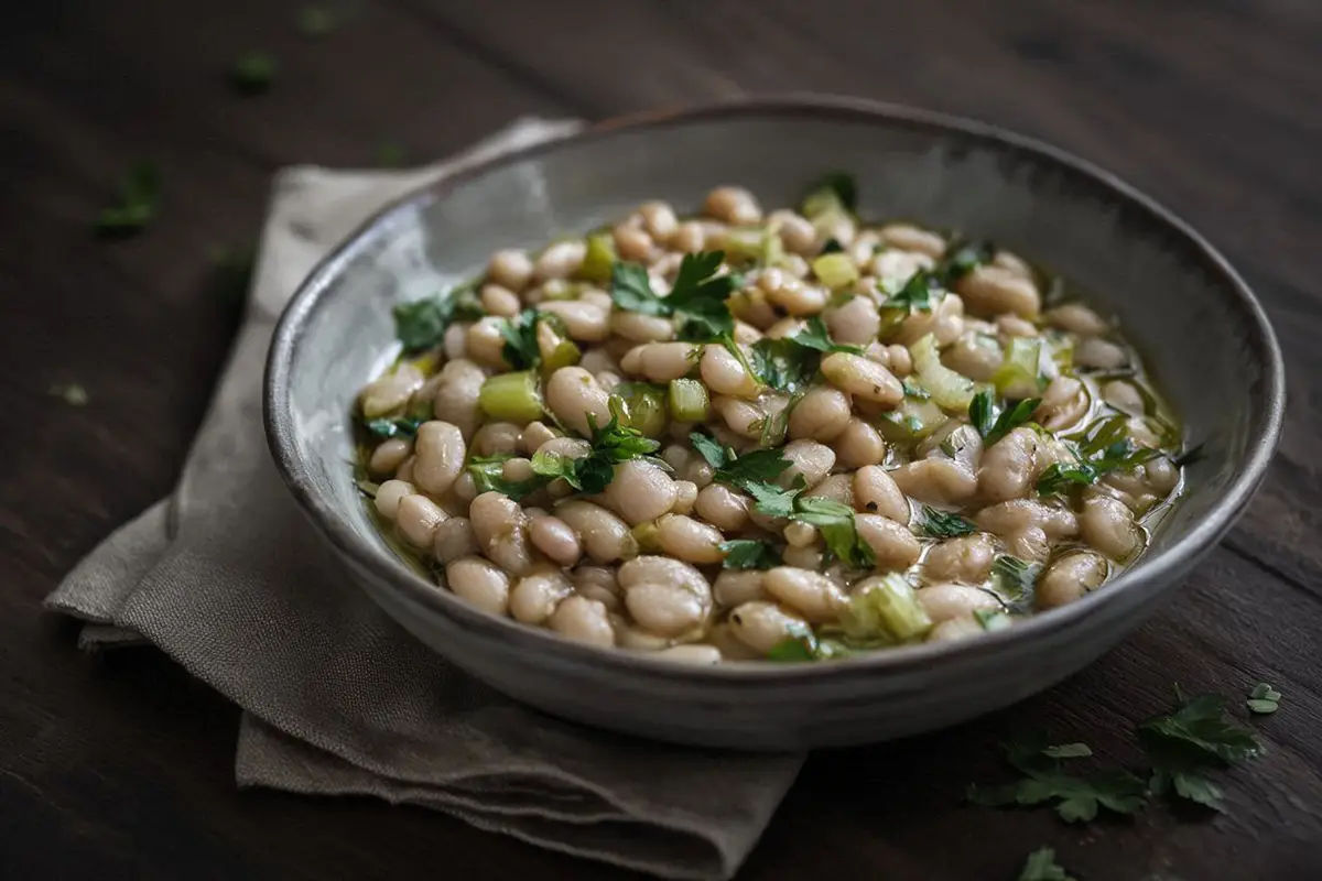 A rustic ceramic bowl of creamy white bean salad dressed with olive oil and scattered with parsley, served on a dark oak table.
