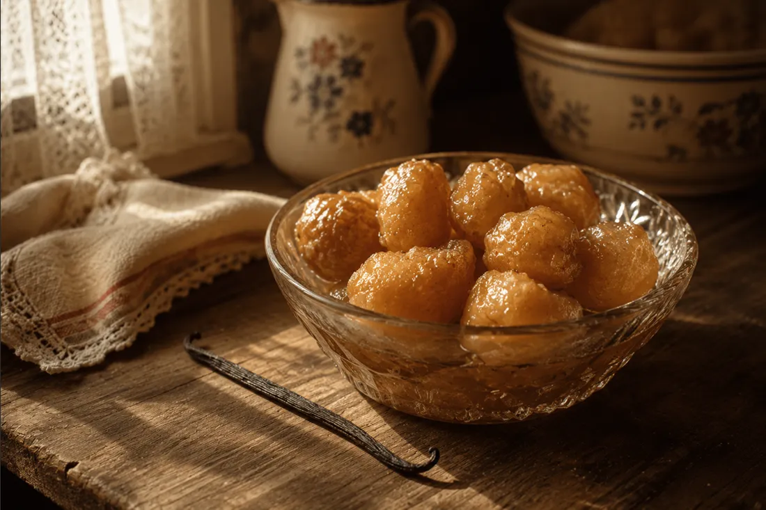 Golden fried meringue dumplings glistening in vanilla syrup in a glass bowl