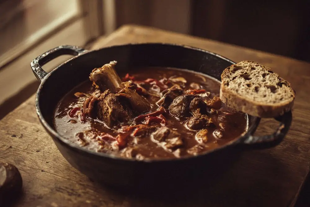 A deep pot of dried pork legs paprikaš with tender veal, dark onion sauce, and red peppers, served with fresh bread