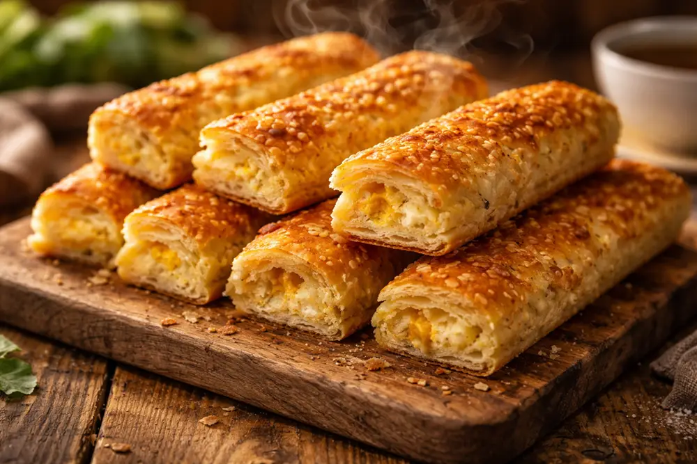 Golden-brown Emmental cheese bars arranged on a wooden board, served with a cup of tea