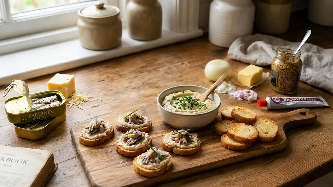 Small canapés topped with Emmental cheese and sardine spread
