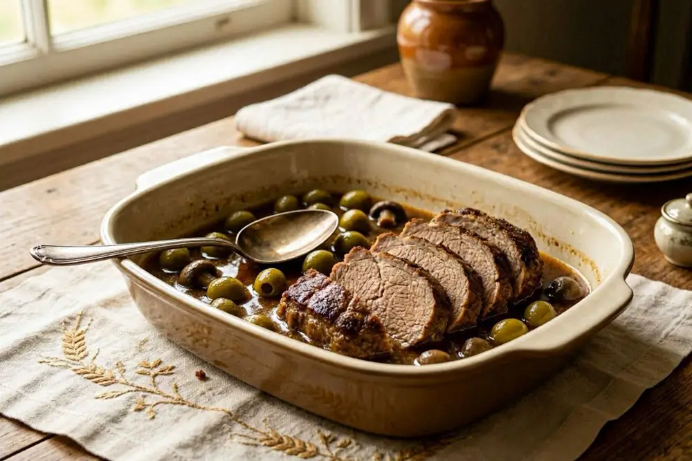 Sliced braised beef roast with green olives, mushrooms and pan juices in a deep baking dish
