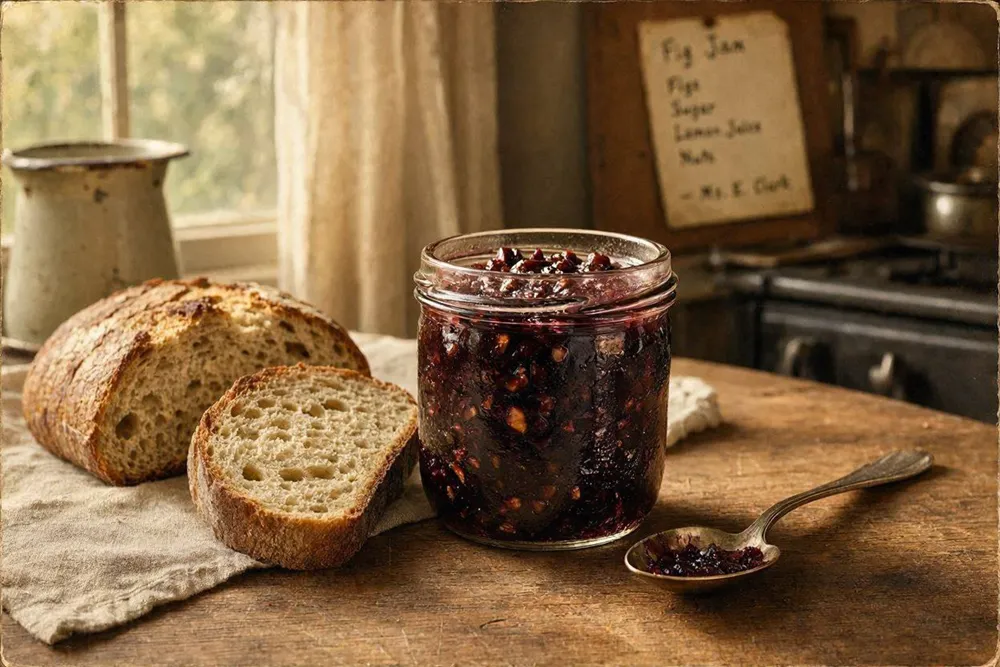 A jar of dark, glossy fig jam studded with chopped nuts, spoon resting beside it
