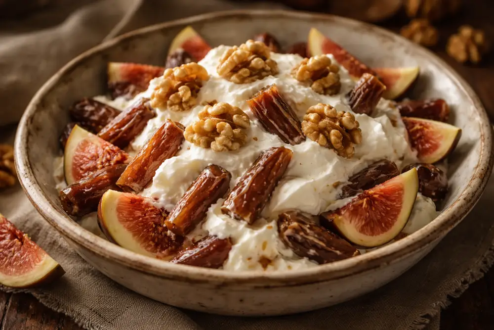 A wide bowl of sliced figs and dates covered in white whipped cream, garnished with whole walnuts